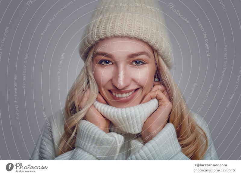 Attractive blond woman in a warm woollen polo neck Happy Beautiful Face Winter Woman Adults 1 Human being 18 - 30 years Youth (Young adults) Warmth Forest