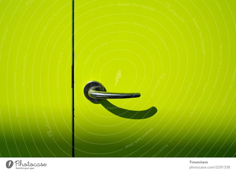 Opening a new door Economy Door Door handle Wood Metal Plastic Line Esthetic Green Black Emotions Curiosity Interest Anxious Colour photo Interior shot Deserted