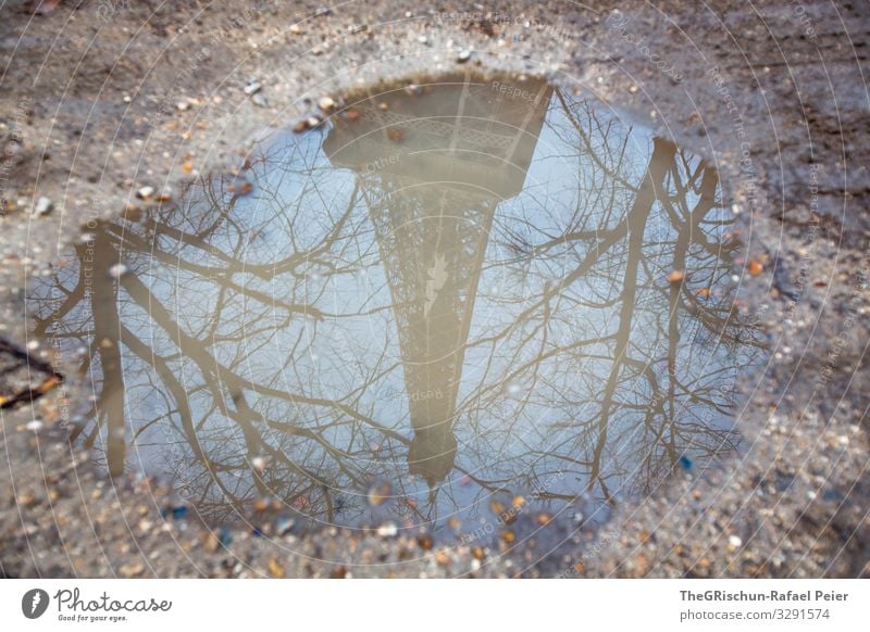 Paris in the rain Town Capital city Blue Brown Eiffel Tower Reflection Puddle Rain Water France Colour photo Exterior shot Deserted Copy Space left