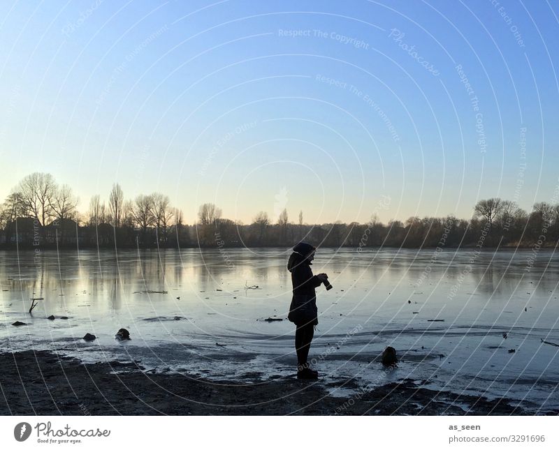 Photo check at the lake Woman Adults 1 Human being Environment Nature Landscape Earth Air Water Autumn Winter Weather Beautiful weather Ice Frost Tree Lakeside