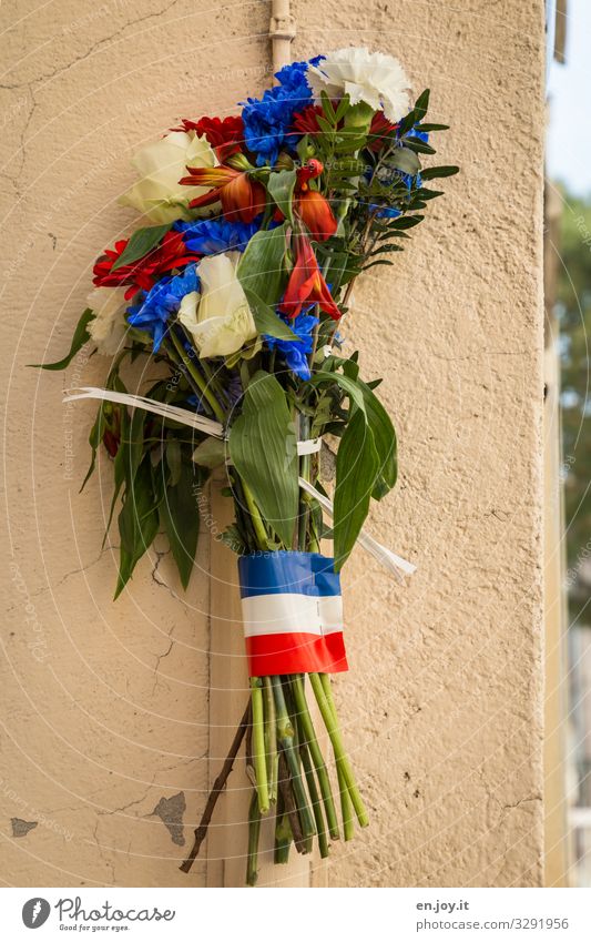 colorful bouquet of flowers tied to the facade of a corner of a house in France i think it was in Cannes why i do not know probably there was something to celebrate or something