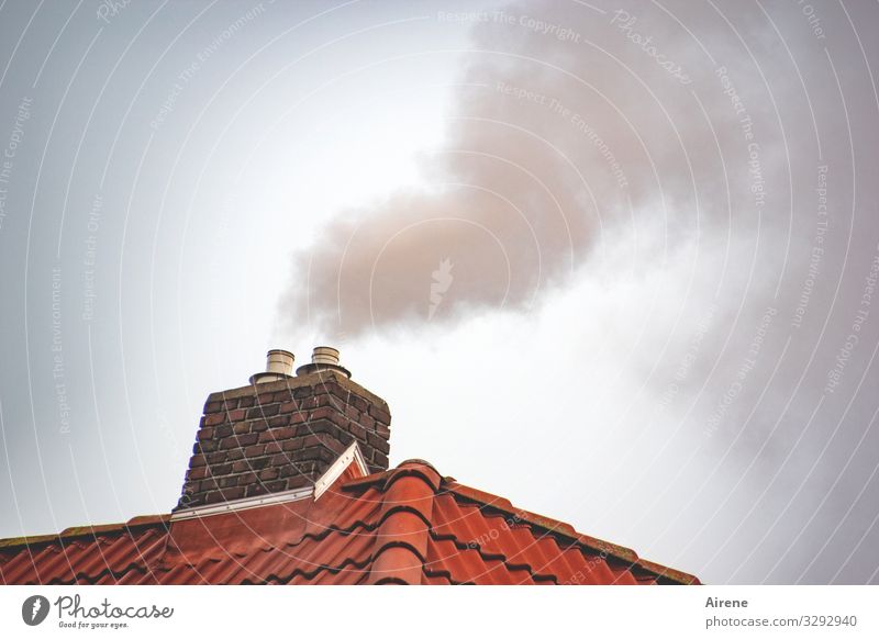 smoking area Deserted Roof Chimney Tiled roof Fireside Smoke Exhaust gas Smoking Hot Above Warmth Warm-heartedness Environment Environmental pollution Heat