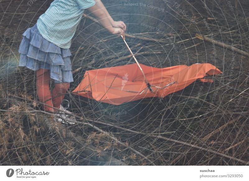 gracefully support Child Infancy Umbrella Woodground Forest Exterior shot Support Body Skirt Arm Graceful leg position Exceptional Skillful Self-confident