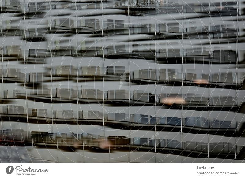 many windows, reflection Town Building Architecture Facade Balcony Window Concrete Glass Blue Brown Gray Water Waves Reflection Subdued colour Exterior shot