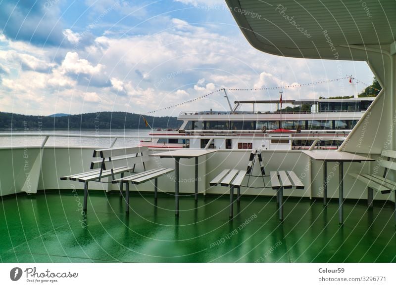 Empty benches Leisure and hobbies Vacation & Travel Summer Nature Far-off places Green Excursion boat Trip ship Rain rainy edersee Lake Germany Hesse Navigation