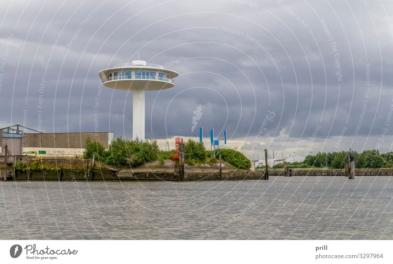 around Port of Hamburg Water Clouds Coast Brook River Town Port City Harbour Tower Manmade structures Building Architecture Transport Authentic Watch tower