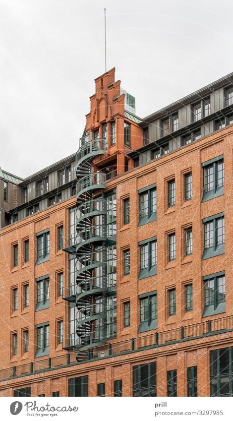 Speicherstadt in Hamburg Culture Manmade structures Building Architecture Wall (barrier) Wall (building) Stairs Facade Brick Old Historic Round Red Tradition