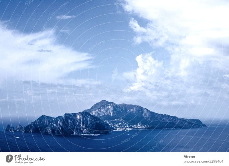 an island with two peaks Clouds Landscape Horizon Wanderlust Beautiful weather Promising Longing Southern hazy steamy Sky Relaxation Freedom Far-off places