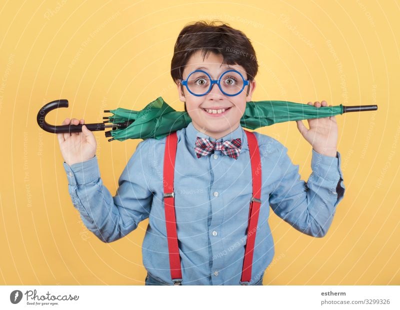 child with green umbrella Joy Winter Human being Masculine Child Infancy 1 8 - 13 years Clouds Autumn Climate Weather Bad weather Storm Gale Rain Lightning