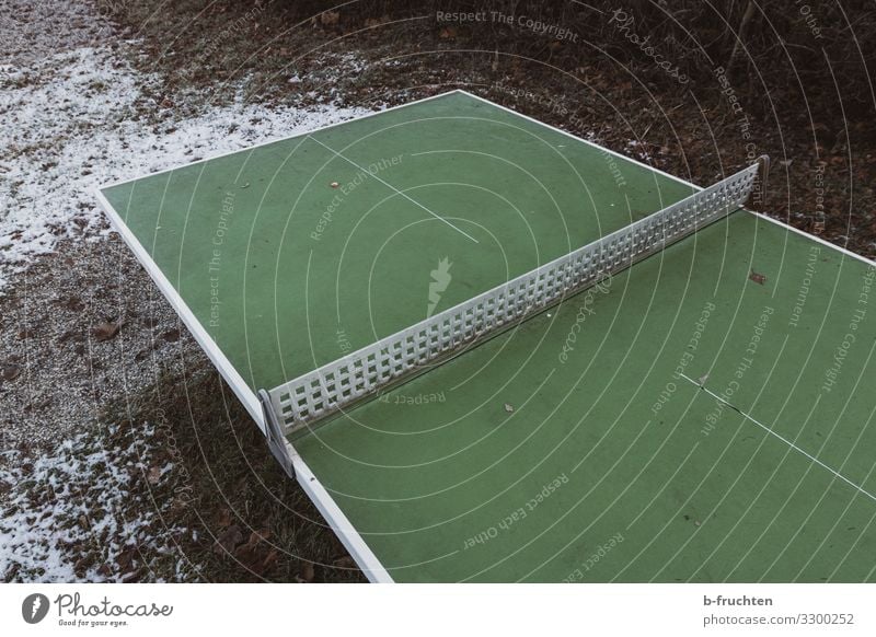 table tennis Winter Ice Frost Meadow Playing Old Dirty Sharp-edged Table Table tennis Table tennis table Green Second-hand Colour photo Exterior shot Deserted