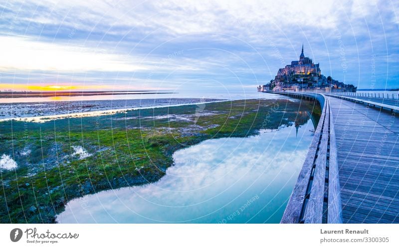 Mont-Saint-Michel from the bridge Vacation & Travel Tourism Ocean Island Landscape Architecture Monument Blue France Monastery bay bretagne Brittany Europe