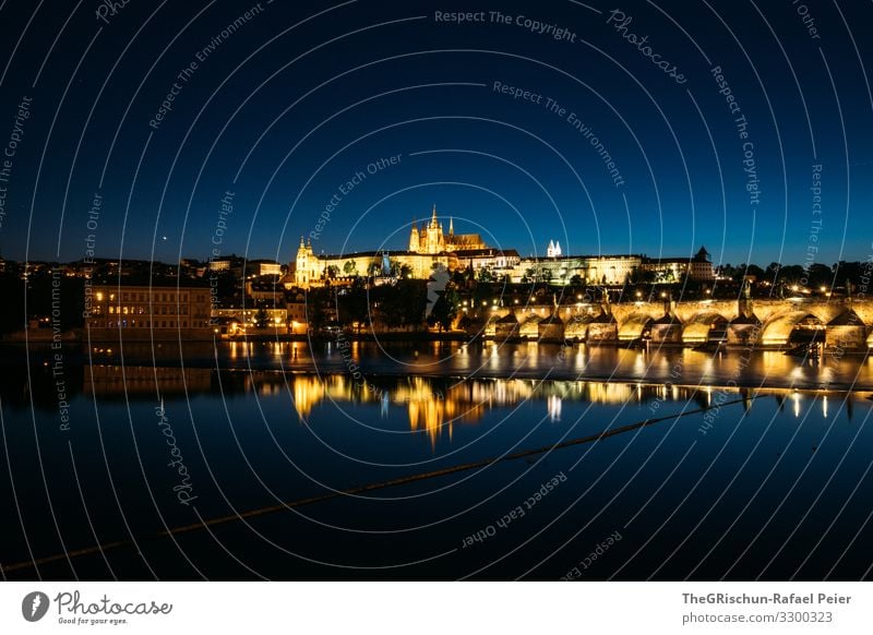 Prague by night Town Capital city Blue Yellow Gold Reflection Church Night Light Long exposure Czech Republic Water Colour photo Exterior shot Deserted