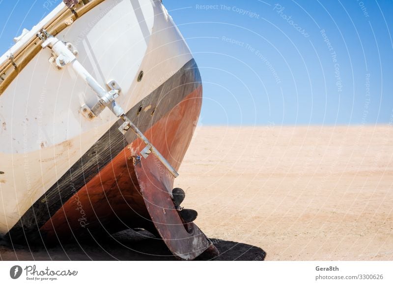 old broken yacht lay on the sand in the desert in Egypt Trip Summer Nature Sand Sky Horizon Transport Yacht Watercraft Wood Old Hot Blue Red Black White