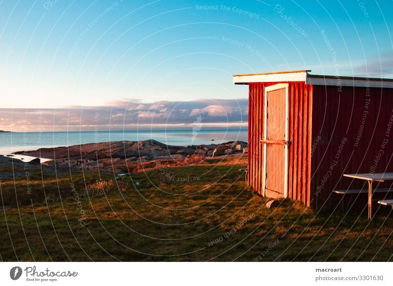 Swedish coast Sweden Coast Scandinavia Dusk Evening sun Ocean Water Stone Hut Wooden hut Sky House (Residential Structure) Landscape Nature Manmade structures