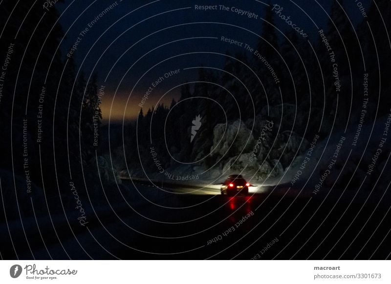 night ride Night journey Motoring Scandinavia mountain pass mountain passes Winding road Dark Sunset Floodlight Car headlights Snow Snowfall lightning snow