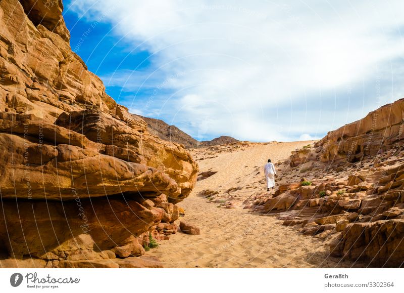 man in white arab clothing walks in a colored canyon in Egypt Exotic Vacation & Travel Tourism Summer Mountain Human being Man Adults Nature Landscape Warmth