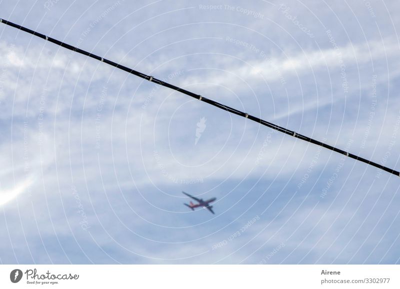 lots of action in the sky Sky Clouds Beautiful weather Flying Hang Blue White Air Airy Aviation Airplane Steel cable Tense Across Rope Far-off places Polluter