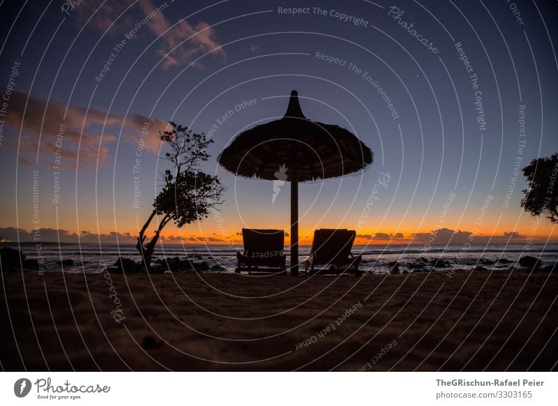 Sunshade and deck chairs on a beach in Mauritius Beach Colour photo Exterior shot Water Summer Relaxation evening mood Vacation & Travel Nature Sand Ocean Rock