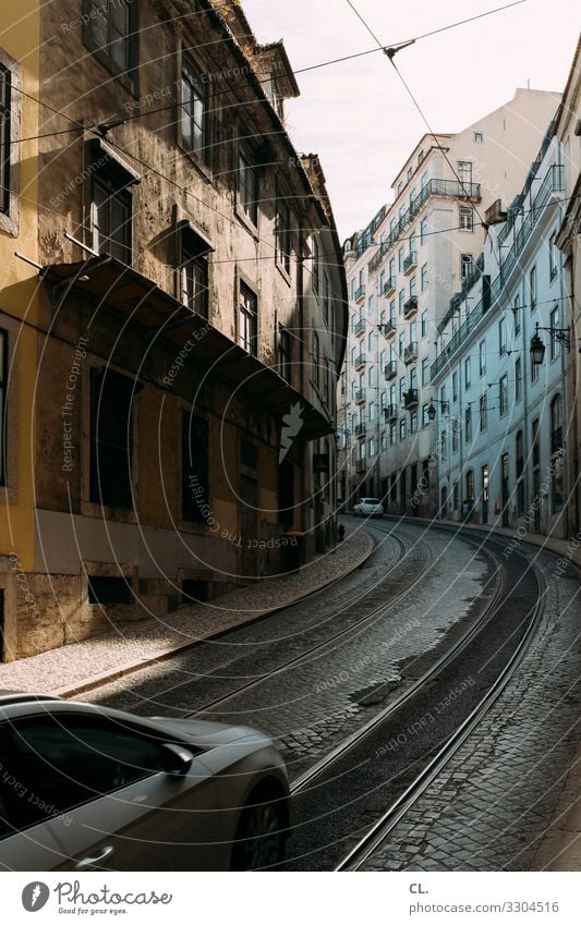 Street in Lisbon City trip Portugal Europe Town Downtown Deserted House (Residential Structure) Transport Means of transport Traffic infrastructure Road traffic