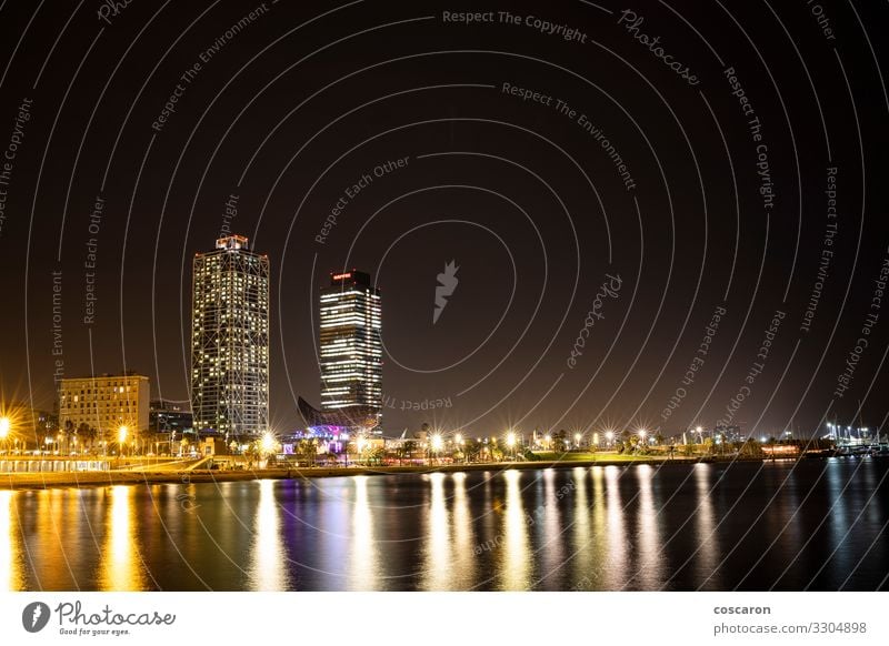 The coast of Barcelona by night House building Night life Water Night sky Coast Beach Spain Town Port City Old town Skyline Harbour Building Architecture Facade