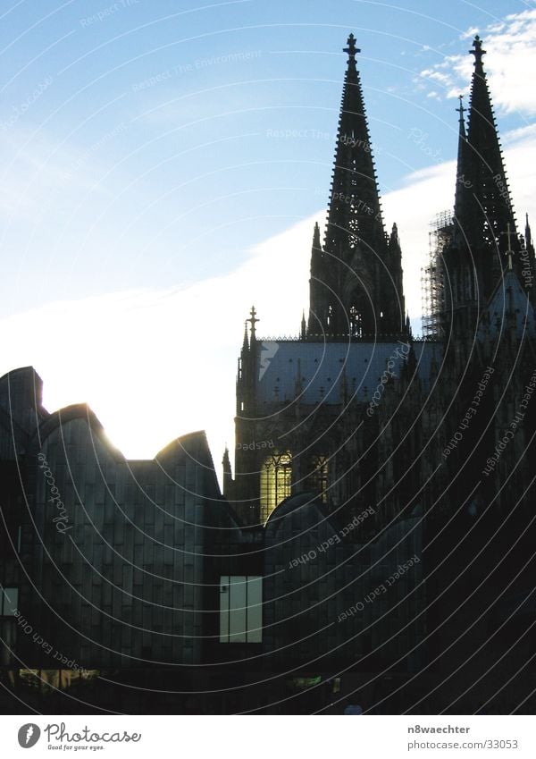 Museum and Cathedral Cologne Window Lighting Clouds House of worship Dome Old New Contrast Sun Tower Sky Blue