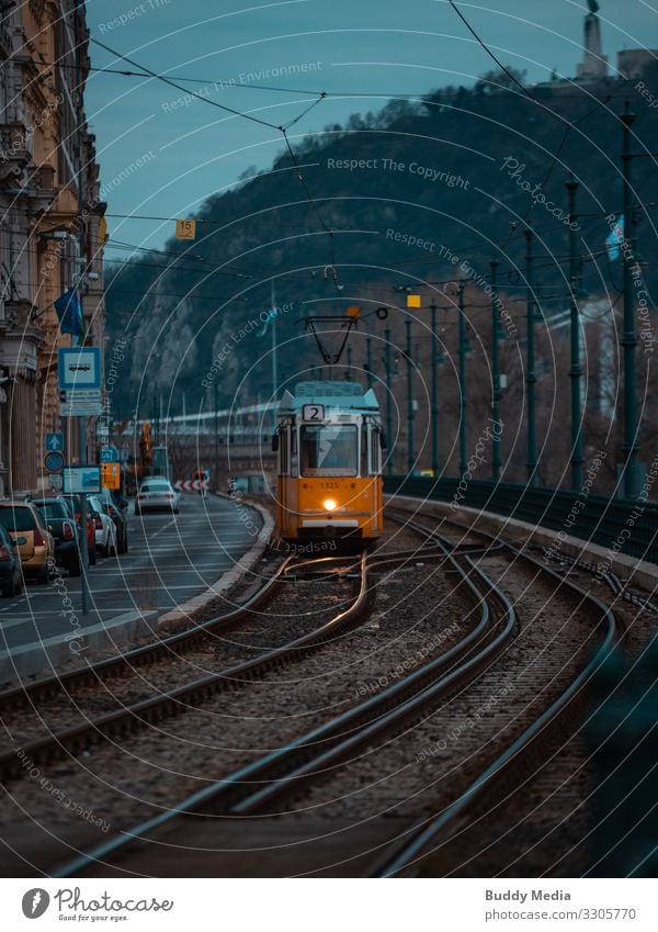 old tram (line 2) in Budapest, Hungary Culture Sky Night sky Autumn Town Capital city Train station Tourist Attraction Transport Means of transport