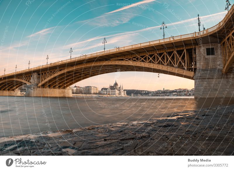 View from Margaret Island of Budapest's parliament building Beautiful weather River bank Beach Danube Hungary Capital city Downtown Outskirts Skyline Bridge