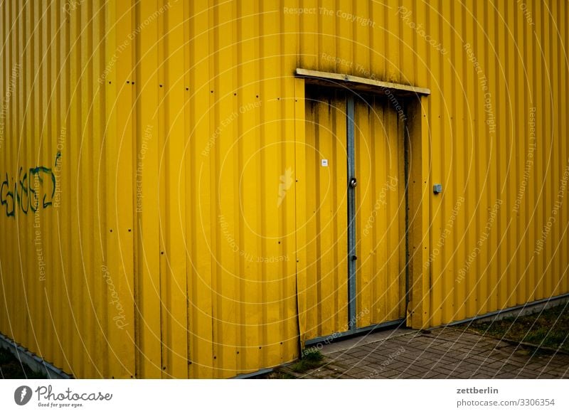 Yellow Hall Warehouse Storage Corrugated sheet iron Corrugated iron roof Corrugated-iron hut Corrugated iron wall Door Gate Entrance Way out Logistics Barn