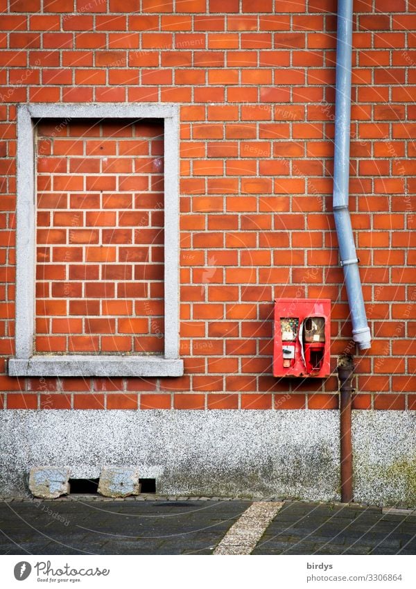 decay, broken downpipe next to an old gumball machine Immerath Village Wall (barrier) Wall (building) Facade Window Eaves Downspout Brick facade Gumball machine