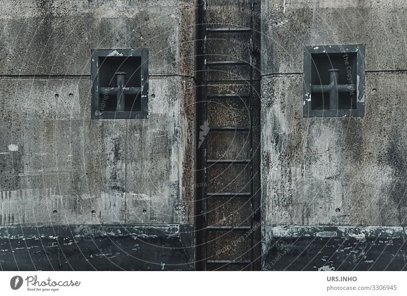 Quay wall with ladder and mooring shaft Deserted Harbour Wall (barrier) Jetty quay wall Inland navigation Stone Metal Brown Gray green Black Symmetry Ladder