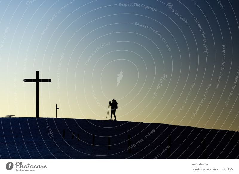 Hiker at the summit of the Belchen, evening mood, back light mountain Peak Sky Crucifix Landscape Human being Nature Evening evening sky evening light active