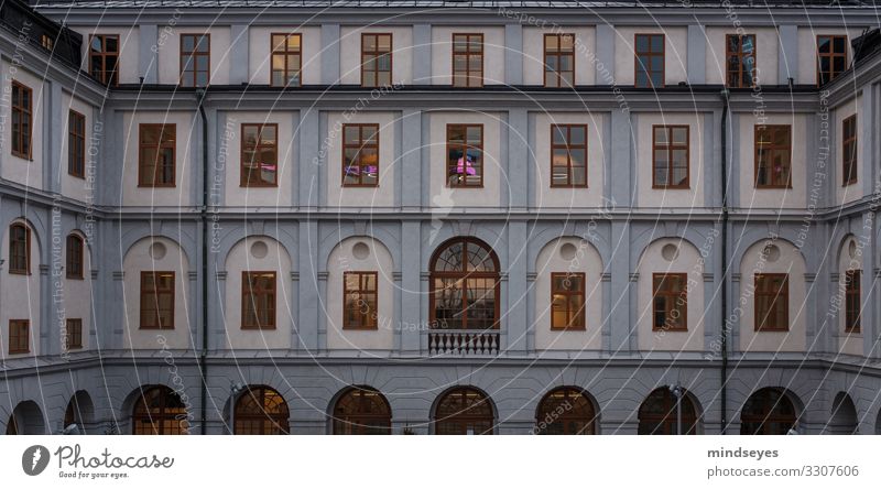 Window front in blue Elegant Style Tourism City trip Winter Facade Lattice window Arch Stockholm Sweden Deserted Manmade structures Architecture Library