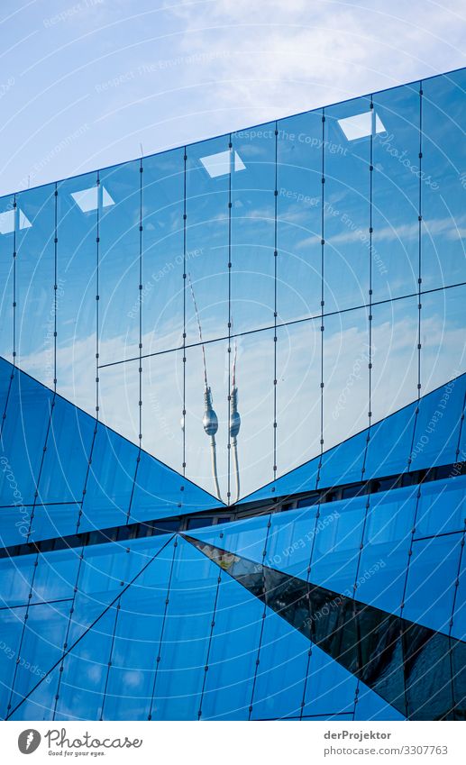 Reflection of the Berlin television tower in a building Deep depth of field Sunbeam Sunlight Contrast Light Day Copy Space middle Copy Space bottom