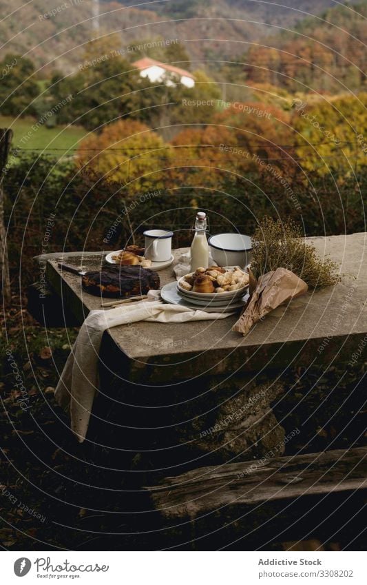 Table with bakery food for outdoors picnic pastry cake sweet pie bottle milk table grass autumn park rural stylish homemade fresh dessert tasty holiday snack