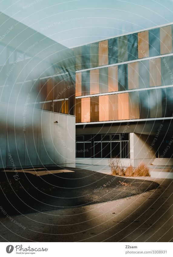 modern age Sky Sun Autumn Beautiful weather Town Deserted Places Manmade structures Building Architecture Gigantic Modern Design Colour Perspective Moody