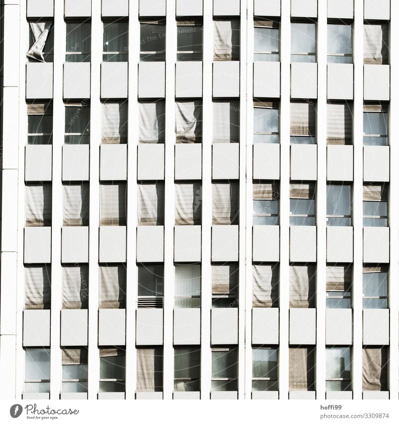 bleak high-rise facade with deformed broken blinds High-rise Wall (barrier) Wall (building) Facade Window Venetian blinds Line Old Threat Hideous Broken Town