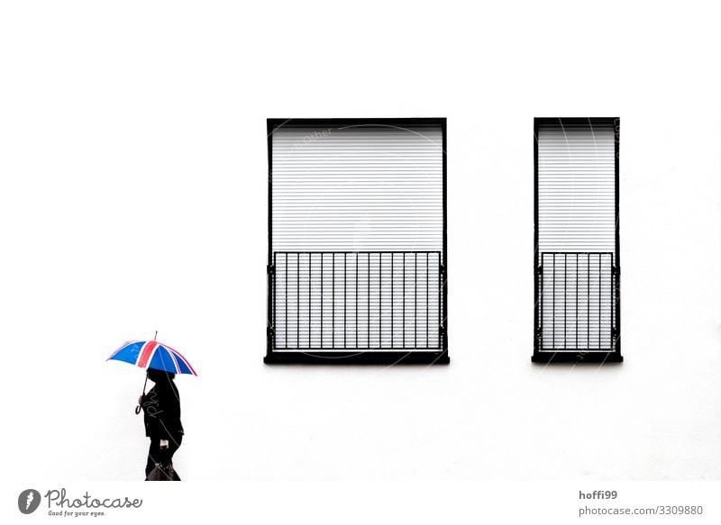 Profile of walking woman with British umbrella in front of white facade with closed windows, synonym Brexit Human being Feminine 1 House (Residential Structure)