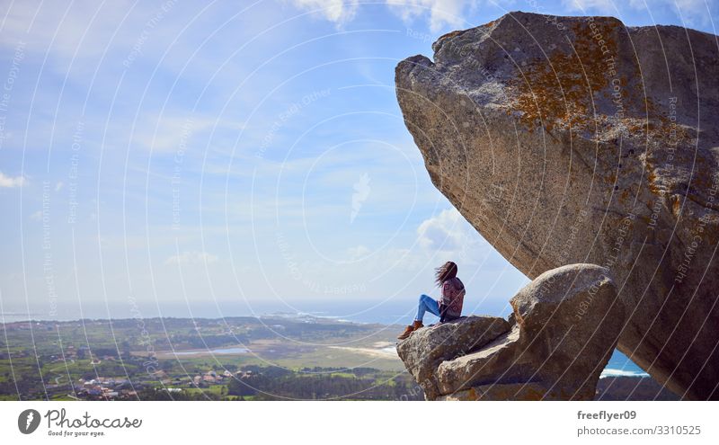 Young woman on the Pedra da Ra viewpoint in Galicia Vacation & Travel Tourism Ocean Wallpaper Woman Adults Nature Landscape Blue Spain girl Vantage point Model