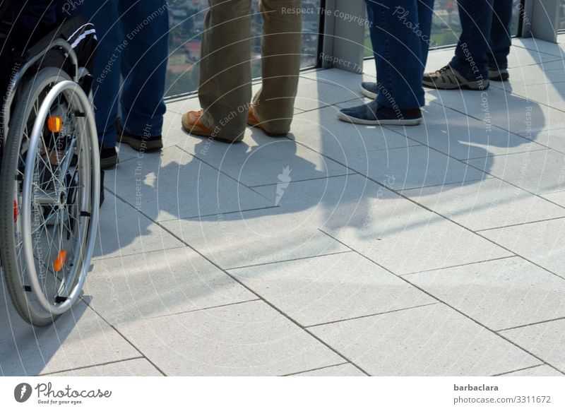 lifted | on the observation deck Technology Human being Legs Feet Group Town Tower Platform Tourist Attraction Pants Footwear Wheelchair Looking Stand Tall