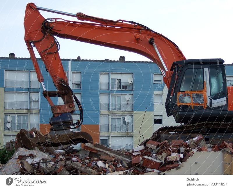 outline Excavator High-rise Building Facade Window Work and employment Blue Red Black White Destruction Ripe for demolition Termination Deconstruction