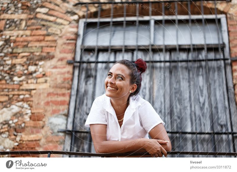 Beautiful young cuban woman leaning on a railing II Lifestyle Happy Island Human being Feminine Young woman Youth (Young adults) Woman Adults Head