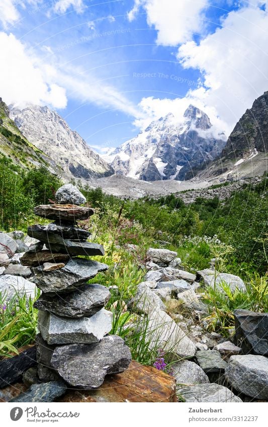 Cairn in Svanetie Vacation & Travel Far-off places Summer Mountain Hiking Nature Landscape Sky Beautiful weather Grass Bushes Rock Peak Swaintia Georgia