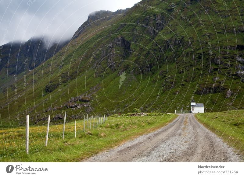 lofoten Harmonious Senses Calm Vacation & Travel Far-off places Landscape Elements Clouds Meadow Rock Mountain Church Architecture Tourist Attraction Street