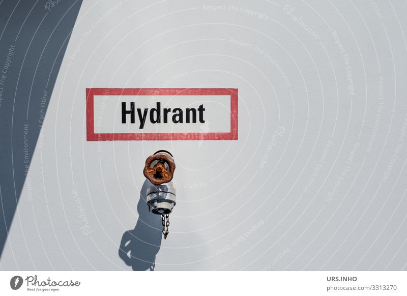 Hydrant in front of light background with shield Industry Fire hydrant Metal Simple Gray Red White Safety Protection Rescue Connection Characters