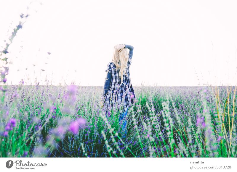 Young blonde woman alone in a lavender field Lifestyle Style Beautiful Wellness Harmonious Well-being Far-off places Freedom Summer Garden Gardening Human being