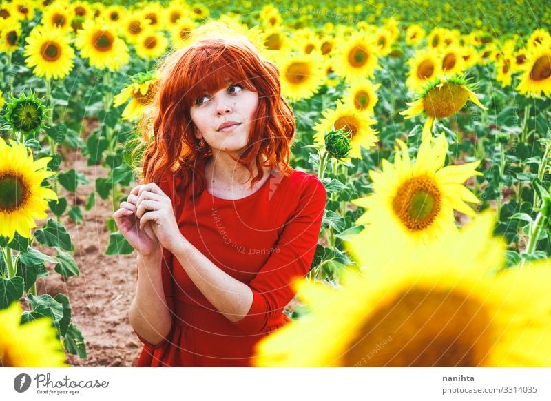 Lovely redhead woman enjoying the day in a field o sunflowers Lifestyle Style Joy Beautiful Freedom Summer Human being Feminine Young woman Youth (Young adults)