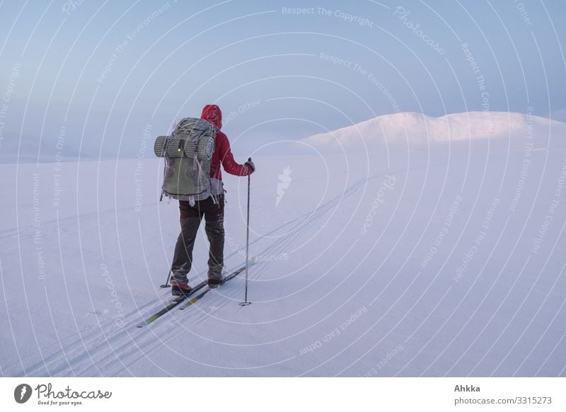 Skier with red jacket and green backpack in icy snowy landscape walks on lonely ski track on way to mountain in evening light Vacation & Travel Adventure