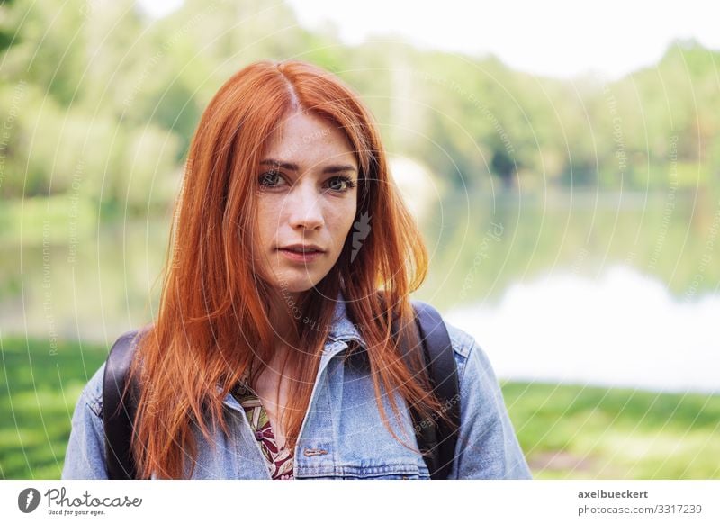 young woman with jeans jacket and backpack on an outdoor hike Lifestyle Leisure and hobbies Vacation & Travel Trip Hiking Human being Young woman