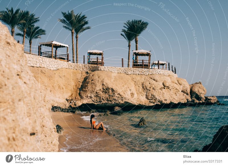 Woman sits on the beach on vacation and looks at the sea Human being Young woman Youth (Young adults) Adults Vacation & Travel Beach Ocean Hotel Bay Waves