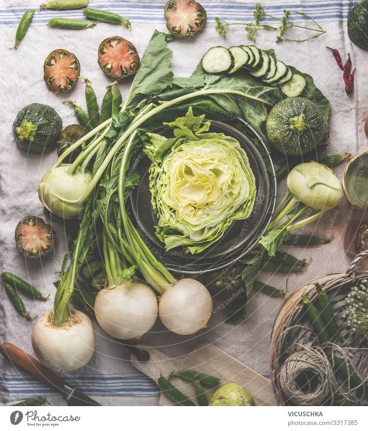 Green vegetables from the garden on the kitchen table Food Vegetable Lettuce Salad Nutrition Organic produce Vegetarian diet Diet Shopping Design